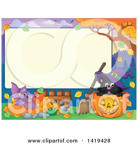 Clipart of a Blank Rectangular Frame with a Bat, Autumn Leaves and Witch Cat in a Halloween Jackolantern Pumpkin - Royalty Free Vector Illustration by visekart