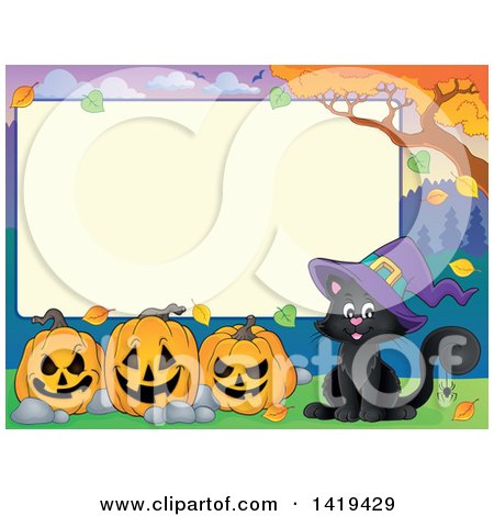 Clipart of a Blank Rectangular Frame with a Witch Cat and Halloween Jackolantern Pumpkins - Royalty Free Vector Illustration by visekart