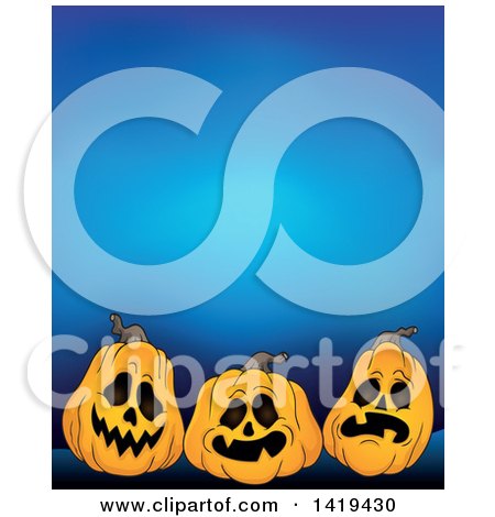 Clipart of a Halloween Background of Jackolantern Pumpkins over Blue - Royalty Free Vector Illustration by visekart