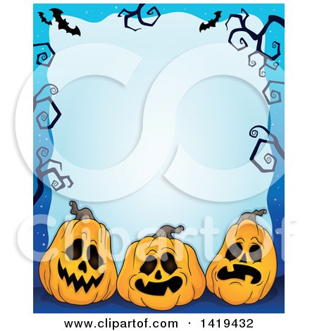 Clipart of a Halloween Background Border Frame of Jackolantern Pumpkins, Bats and Bare Tree Branches over Blue - Royalty Free Vector Illustration by visekart