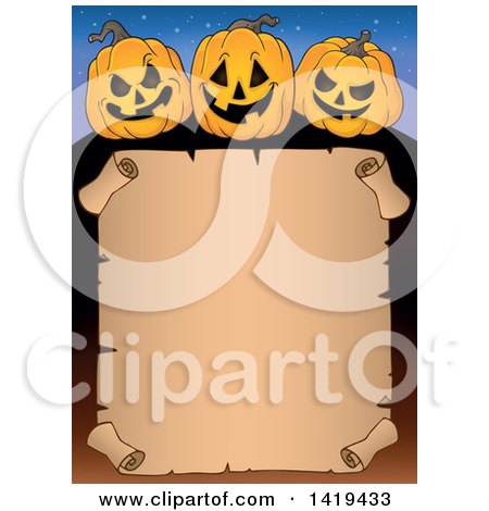 Clipart of a Halloween Blank Scroll Sign Bordered with Jackolantern Pumpkins - Royalty Free Vector Illustration by visekart