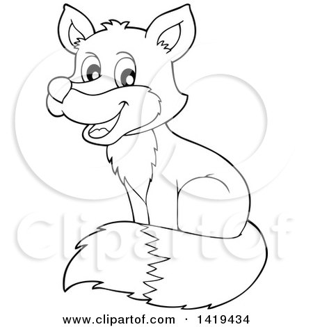 Clipart of a Black and White Lineart Happy Cute Fox Sitting - Royalty Free Vector Illustration by visekart
