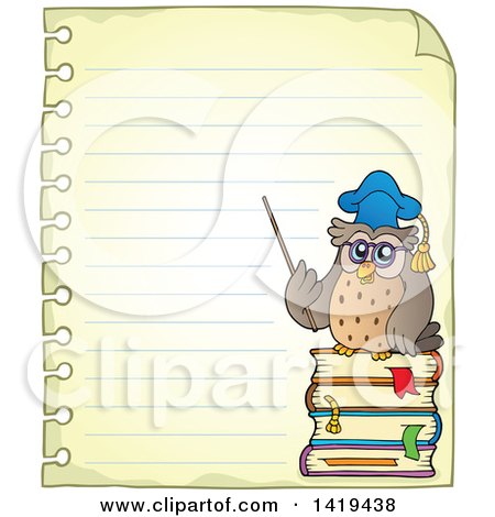 Clipart of a Professor Owl on a Stack of Books on a Piece of Ruled Paper - Royalty Free Vector Illustration by visekart