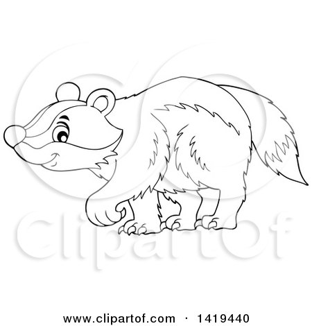 Clipart of a Black and White Lineart Cute Happy Badger Walking - Royalty Free Vector Illustration by visekart