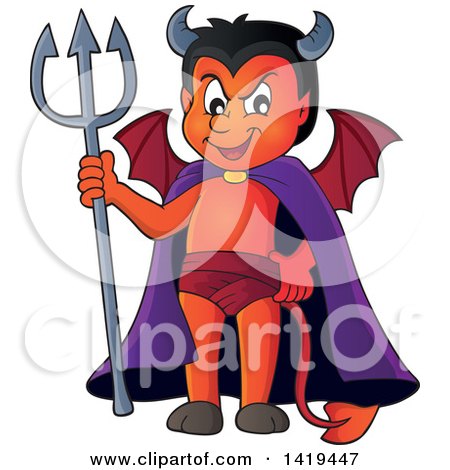 Clipart of a Grinning Little Devil Holding a Trident - Royalty Free Vector Illustration by visekart