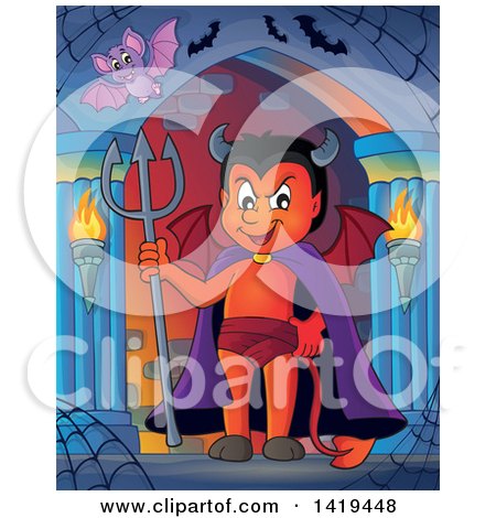 Clipart of a Grinning Little Devil Holding a Trident in a Hallway - Royalty Free Vector Illustration by visekart