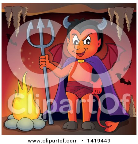 Clipart of a Grinning Little Devil Holding a Trident in a Cave - Royalty Free Vector Illustration by visekart