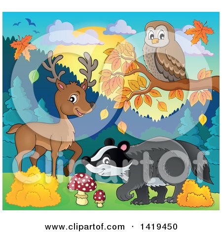 Clipart of a Cute Deer, Owl and Badger in an Autumn Landscape - Royalty Free Vector Illustration by visekart