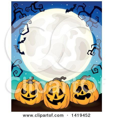 Clipart of a Full Moon Framed with Bare Tree Branches, Vampire Bats and Halloween Jackolantern Pumpkins on Blue - Royalty Free Vector Illustration by visekart