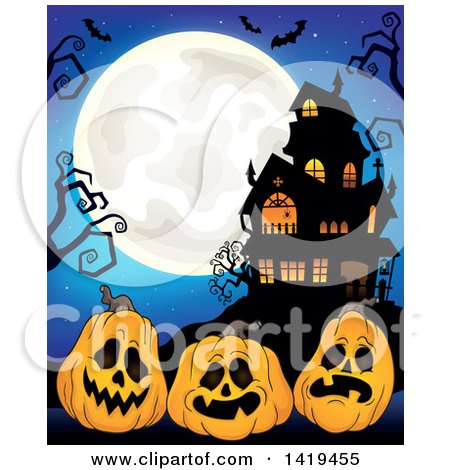 Clipart of a Full Moon over a Haunted House with Bats, Bare Tree Branches, and Halloween Jackolantern Pumpkins over Blue - Royalty Free Vector Illustration by visekart