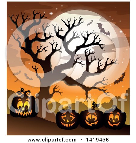 Clipart of a Full Moon, Bare Tree, Vampire Bats and Halloween Jackolantern Pumpkins Against an Orange Sky - Royalty Free Vector Illustration by visekart