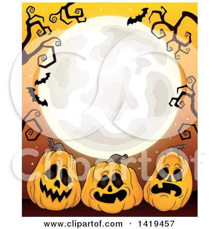 Clipart of a Full Moon Framed with Bare Tree Branches, Vampire Bats and Halloween Jackolantern Pumpkins on Orange - Royalty Free Vector Illustration by visekart