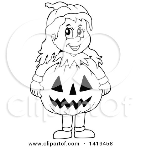 Clipart of a Black and White Lineart Girl in a Halloween Pumpkin Costume - Royalty Free Vector Illustration by visekart