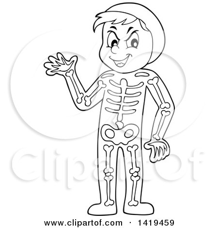 Clipart of a Black and White Lineart Boy in a Skeleton Costume - Royalty Free Vector Illustration by visekart