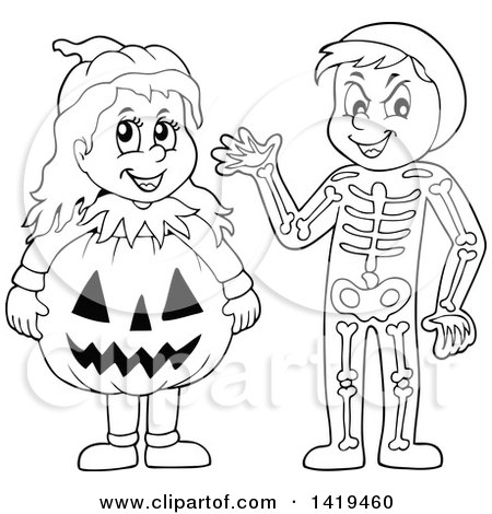 Clipart of a Boy in a Skeleton Costume and Girl in a Halloween Jackolantern Pumpkin Costume - Royalty Free Vector Illustration by visekart