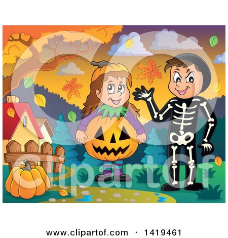 Clipart of a Boy in a Skeleton Costume and Girl in a Halloween Jackolantern Pumpkin Costume in a Park - Royalty Free Vector Illustration by visekart