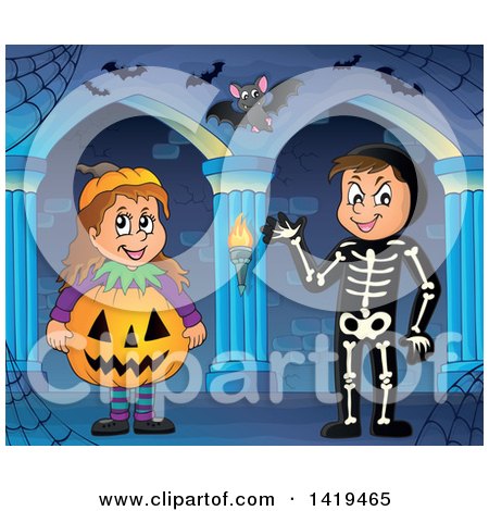 Clipart of a Boy in a Skeleton Costume and Girl in a Halloween Jackolantern Pumpkin Costume in a Haunted Hallway - Royalty Free Vector Illustration by visekart