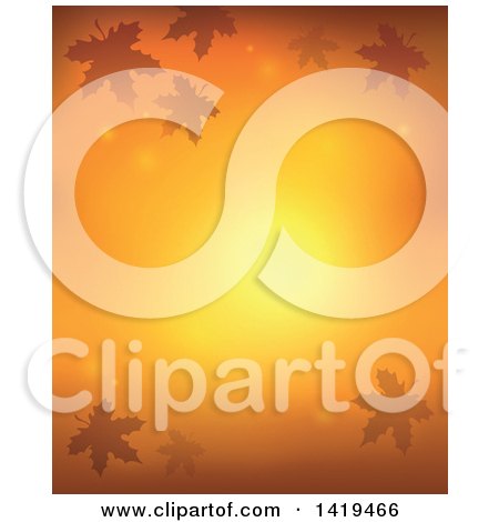 Clipart of a Glowing Orange Background Bordered with Silhouetted Fall Leaves - Royalty Free Vector Illustration by visekart
