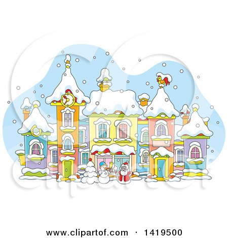 Clipart of a Cartoon Snow Man and Santa Claus in a Snowy Winter Village - Royalty Free Vector Illustration by Alex Bannykh