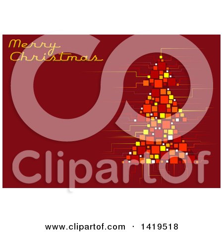 Clipart of a Merry Christmas Greeting on Red with a Computer Chip Styled Tree - Royalty Free Vector Illustration by dero