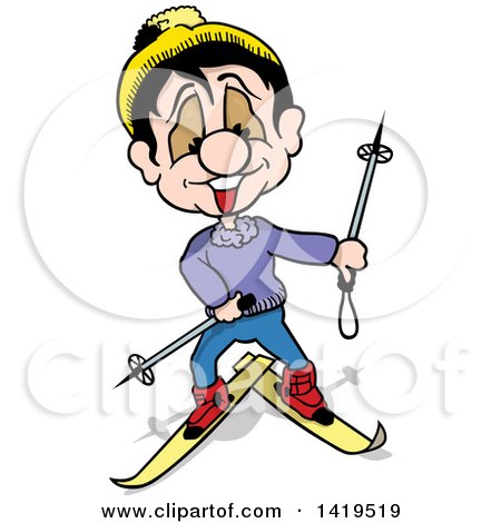 Clipart of a Cartoon Happy Man Skiing - Royalty Free Vector Illustration by dero