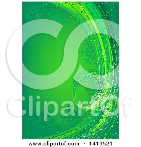 Clipart of a Green Christmas Background with Waves and Snowflakes - Royalty Free Vector Illustration by dero