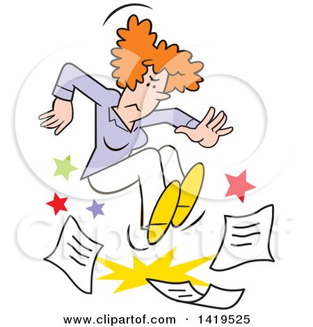 Clipart of a Cartoon Angry Red Haired Caucasian Woman Stomping on Paper Work and Throwing a Tantrum - Royalty Free Vector Illustration by Johnny Sajem