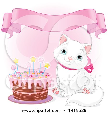 Clipart of a Cute Blue Eyed White Kitty Cat Wearing a Pink Bow and Sitting by a Birthday Cake, over Pink with a Banner - Royalty Free Vector Illustration by Pushkin