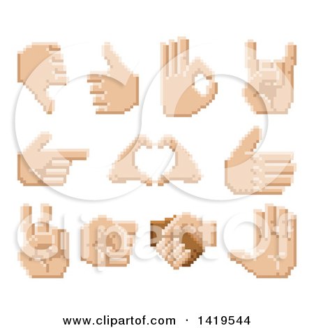Clipart of Retro 8 Bit Pixel Art Styled Hands - Royalty Free Vector Illustration by AtStockIllustration