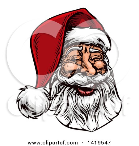 Clipart of a Woodcut or Engraved Vintage Styled Jolly Laughing Christmas Santa Claus Face - Royalty Free Vector Illustration by AtStockIllustration