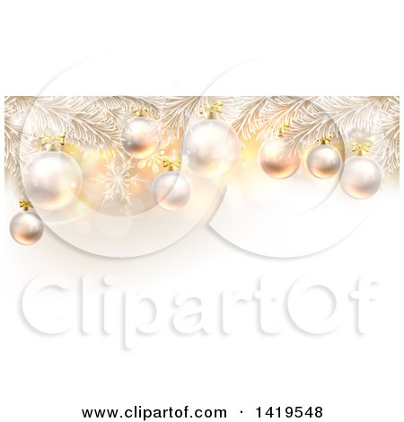 Clipart of 3d Flocked Christmas Tree Branches with Baubles over Snowflakes and Flares - Royalty Free Vector Illustration by AtStockIllustration