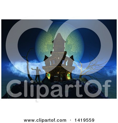 Clipart of a 3d Haunted Castle with a Zombie Against a Full Moon - Royalty Free Illustration by KJ Pargeter