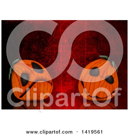 Clipart of 3d Halloween Jackolantern Pumpkins on Red Scratched Background - Royalty Free Illustration by KJ Pargeter