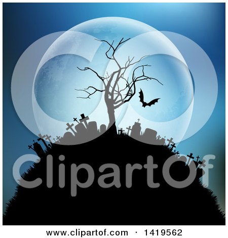 Clipart of a Silhouetted Hill Top Cemetery with a Bare Tree and Vampire Bat Against a Full Moon - Royalty Free Vector Illustration by KJ Pargeter