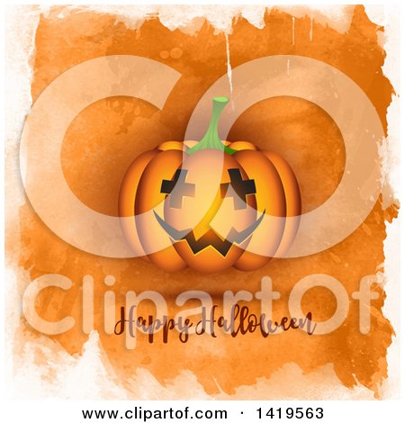 Clipart of a Jackolantern Pumpkin over Happy Halloween Text on Grungy Watercolor Orange - Royalty Free Vector Illustration by KJ Pargeter