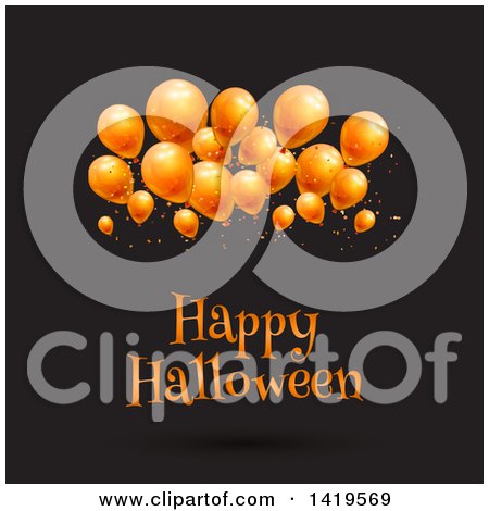 Clipart of a Happy Halloween Greeting Under 3d Party Balloons on Black - Royalty Free Vector Illustration by KJ Pargeter