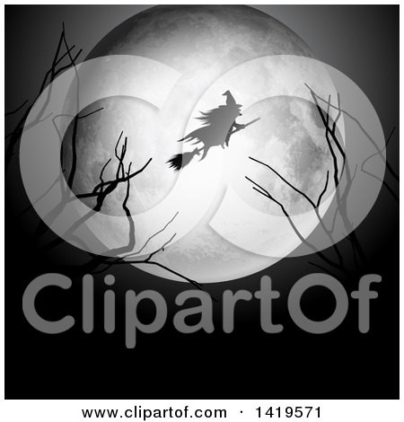 Clipart of a Silhouetted Witch Flying on a Broomstick over a Full Moon, with Bare Branches - Royalty Free Vector Illustration by KJ Pargeter