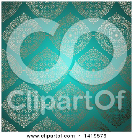 Clipart of a Background of Ornate Golden Floral Diamonds on Turquoise - Royalty Free Vector Illustration by KJ Pargeter