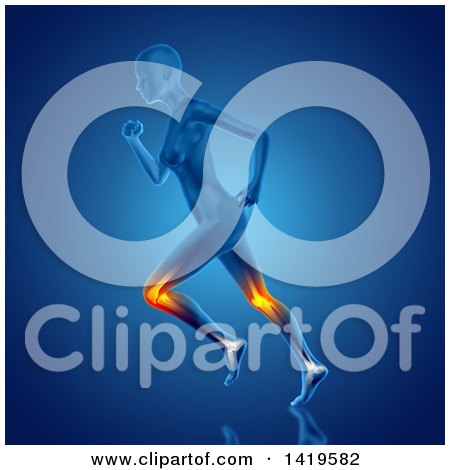 Clipart of a 3d Anatomical Woman Running with Visible Leg Bones and Glowing Knee and Ankle Joints, on Blue - Royalty Free Illustration by KJ Pargeter