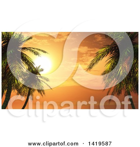 Clipart of a 3d Orange Tropical Ocean Sunset with Palm Trees - Royalty Free Illustration by KJ Pargeter