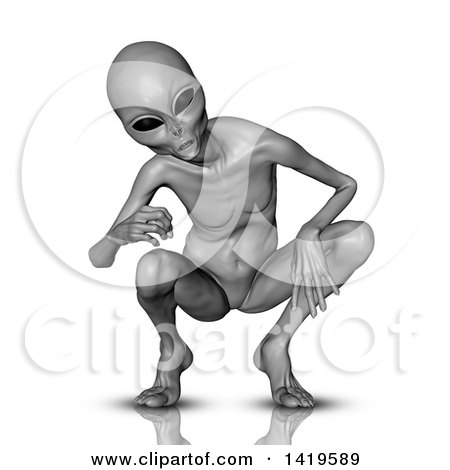 Clipart of a 3d Curious Crouching Alien - Royalty Free Illustration by KJ Pargeter