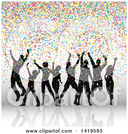 Clipart of a Group of Silhouetted Dancers with Colorful Confetti - Royalty Free Vector Illustration by KJ Pargeter