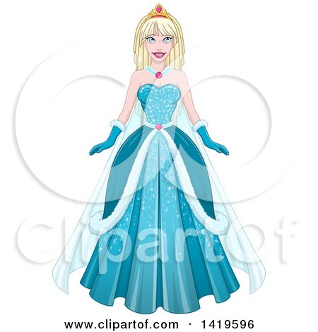 Clipart of a Beautiful Blond Princess in a Blue Winter Gown - Royalty Free Vector Illustration by Liron Peer