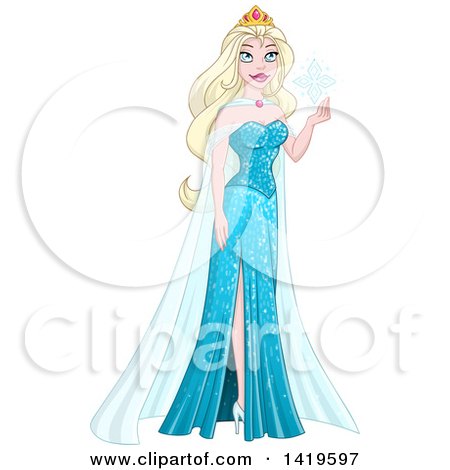 Clipart of a Beautiful Blond Princess in a Blue Winter Dress, Holding a Snowflake - Royalty Free Vector Illustration by Liron Peer