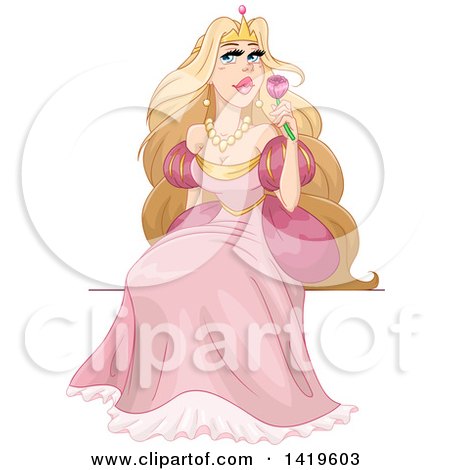Clipart of a Beautiful Blond Princess in a Pink Gown, Sitting and Holding a Flower - Royalty Free Vector Illustration by Liron Peer