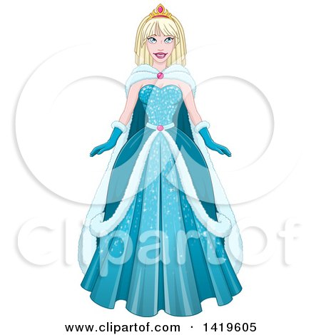 Clipart of a Beautiful Blond Princess in a Blue Winter Cloak and Gown - Royalty Free Vector Illustration by Liron Peer