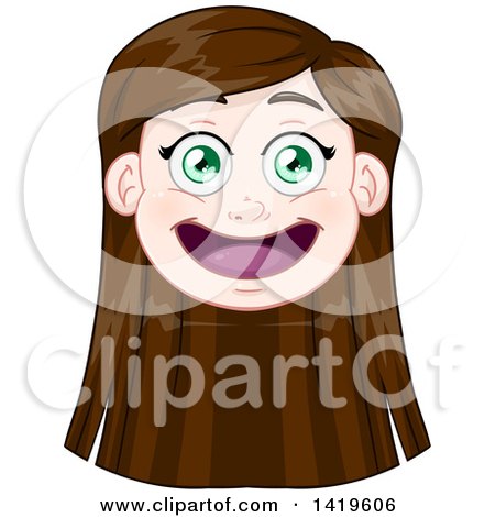Clipart of a Happy Long Brunette Haired Green Eyed Caucasian Girl's Face - Royalty Free Vector Illustration by Liron Peer