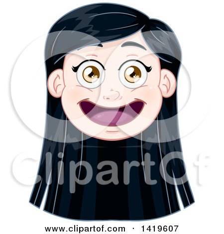 Clipart of a Happy Long Black Haired Green Eyed Caucasian Girl's Face - Royalty Free Vector Illustration by Liron Peer
