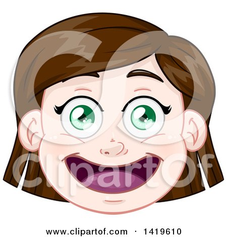 Clipart of a Happy Short Brunette Haired Green Eyed Caucasian Girl's Face - Royalty Free Vector Illustration by Liron Peer