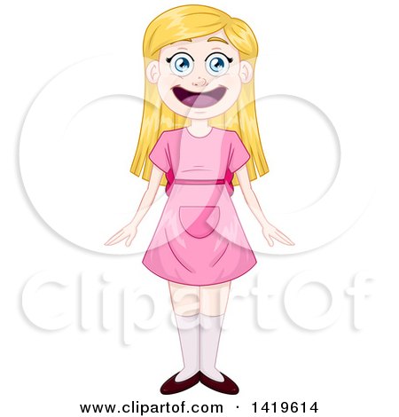 Clipart of a Happy Blond Haired Blue Eyed Caucasian Girl in a Pink Dress - Royalty Free Vector Illustration by Liron Peer